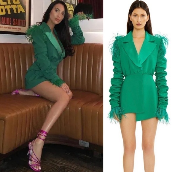 Danielle Guizio- Green Asymmetrical Blazer Dress W Ruched Sleeve Feathers  Size M - www.eharrisgallery.com